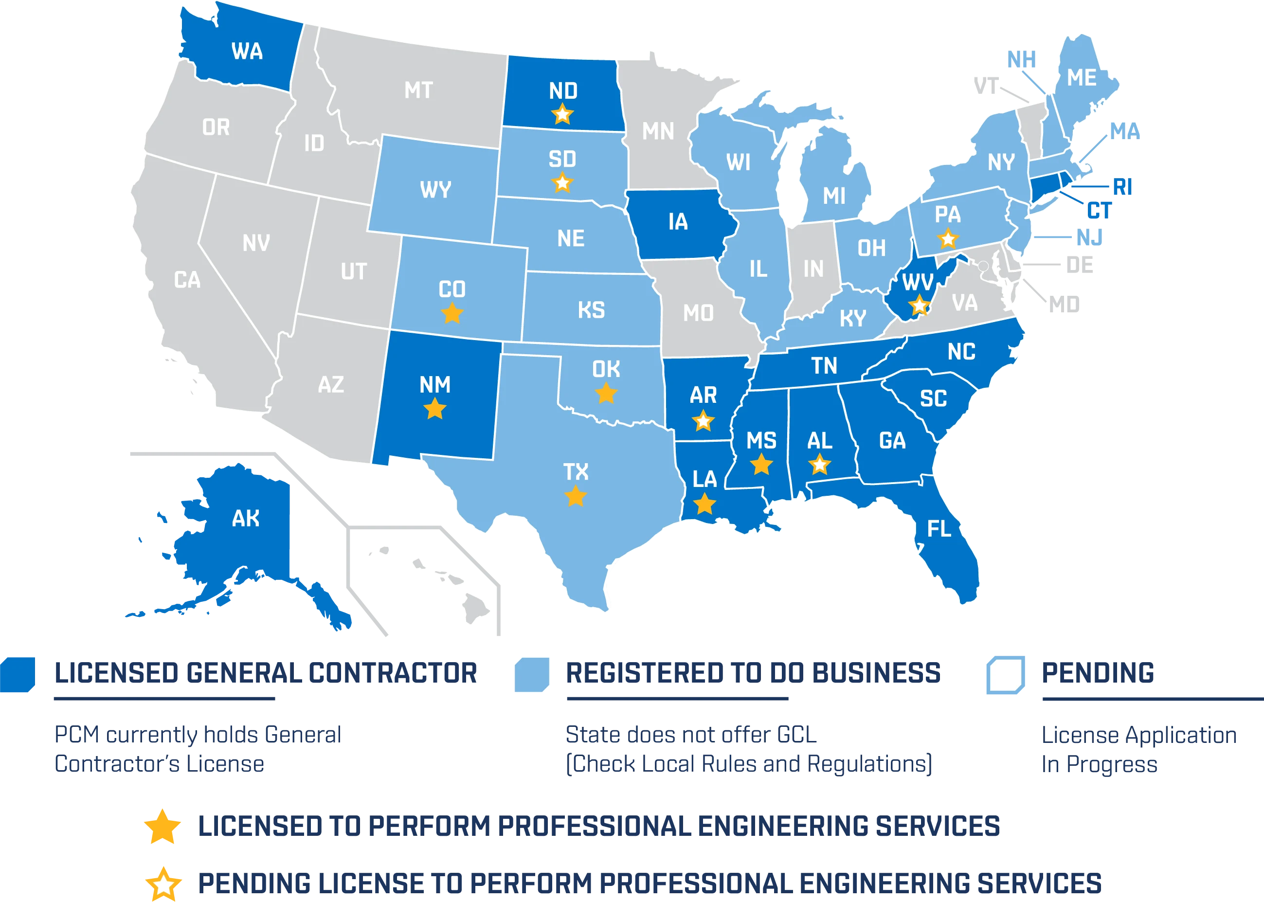 PCM state licenses overview map — licensed in 28 states